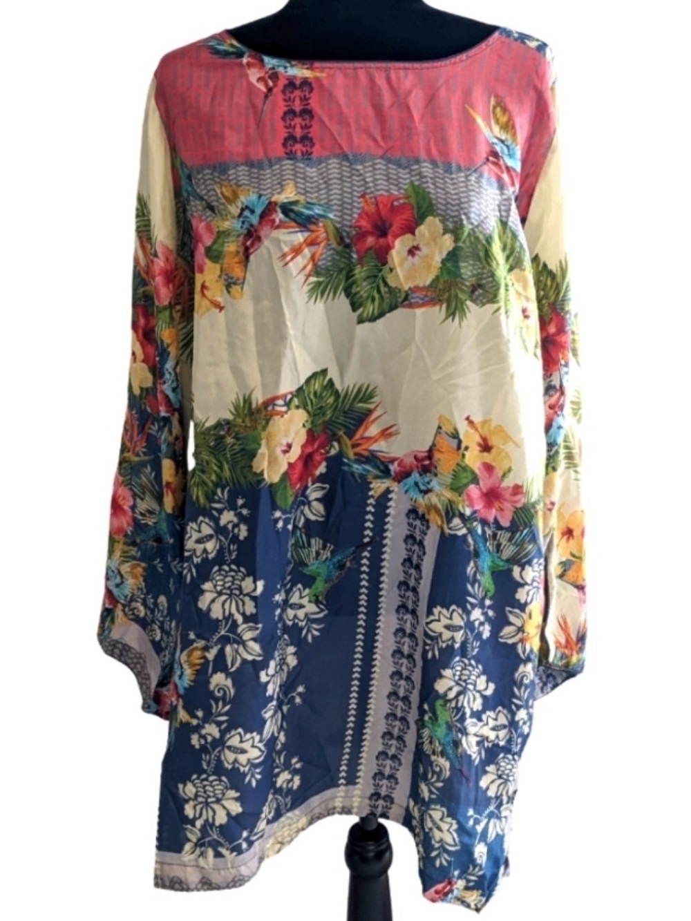 Johnny Was Deidra Multicolor Floral Tunic - Pink, Blue, Cream, Yellow, Green